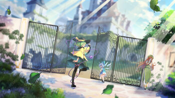 3girls absurdres beret black_hat black_shoes black_thighhighs blue_bow blue_dress blue_eyes blue_hair blush bow braid building castle chinese_commentary cirno commentary_request commission crossed_arms detached_wings drawing_on_another's_face dress eyeball falling_leaves frilled_shirt_collar frilled_sleeves frills gate green_hair green_hat green_skirt green_vest hair_bow hat hat_bow hat_ornament heart heart_of_string highres hong_meiling ice ice_wings komeiji_koishi leaf leg_up long_hair long_sleeves multiple_girls nose_bubble open_mouth outdoors pants pinafore_dress puffy_short_sleeves puffy_sleeves red_hair shirt shoes short_sleeves side_slit skirt sleeping sleeveless sleeveless_dress smile standing standing_on_one_leg star_(symbol) star_hat_ornament textless_version thighhighs third_eye touhou translation_request twin_braids vest white_pants wide_sleeves wings wuzeiiezuw yellow_shirt