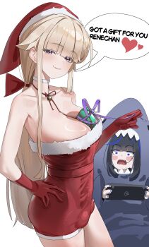2girls absurdres animal_costume ass autopaizuri barbell_piercing between_breasts black_hair blonde_hair blue_eyes blue_hair breasts bulge choker cleavage collarbone covered_penis covered_testicles dress english_text enid_(tagua) erection erection_under_clothes eyelashes fang from_side futanari gloves grin hair_ribbon hand_on_own_hip hat highres hoshi_(tagua) huge_penis jewelry large_breasts long_hair looking_at_viewer looking_to_the_side masturbation multicolored_hair multiple_girls narrowed_eyes naughty_face necklace open_mouth original paizuri penis piercing ponytail purple_eyes rectangular_mouth red_gloves red_ribbon revision ribbon santa_costume santa_dress santa_hat shark_costume short_dress short_hair sidelocks simple_background skin_fang smile speech_bubble tagua teeth thighs very_long_hair white_background white_choker