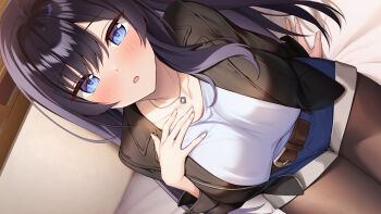 1girl belt black_hair black_jacket blouse blue_eyes blue_shorts blush breasts brown_belt dutch_angle hand_on_own_chest highres indoors jacket jewelry large_breasts lingeries_(ramune_games) long_hair looking_at_viewer makabe_aisu necklace open_mouth oryo_(oryo04) pantyhose pillow second-party_source shirt shorts sitting solo thighs white_shirt