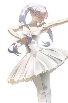 1girl absurdres ballerina ballet breasts closed_eyes cowboy_shot dancing dress elf frieren grey_hair hair_over_shoulder highres ikachyu long_hair outstretched_arm pantyhose parted_bangs pointy_ears puffy_short_sleeves puffy_sleeves short_sleeves small_breasts solo sousou_no_frieren tutu twintails white_background white_dress white_pantyhose