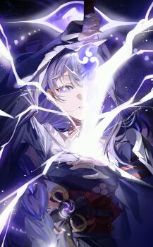 1girl braid fingernails genshin_impact hair_between_eyes highres holding holding_sword holding_weapon lightning long_hair mole mole_under_eye nail_polish parted_lips purple_eyes purple_hair purple_nails raiden_shogun sidelocks solo sword upper_body weapon yukiusagi_(snowrabbit0508)