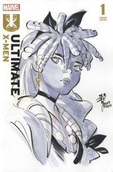 1girl 2025 choker copyright_logo copyright_name cover_sketch dreadlocks earrings grey_eyes grey_hair grey_theme hairband highres jewelry lightning_bolt_earrings lightning_bolt_symbol logo long_hair looking_at_viewer looking_to_the_side marvel official_alternate_costume official_alternate_hairstyle parted_lips peach_momoko portrait sketch solo spot_color storm_(x-men) white_background x-men