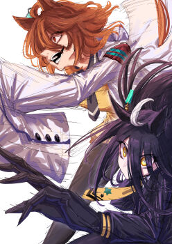 2girls absurdres agnes_tachyon_(tach-nology)_(umamusume) agnes_tachyon_(umamusume) ahoge animal_ears ballet_class_clothes black_coat black_gloves black_shirt chemical_structure coat contrast_collar ear_ornament ear_tag earrings gloves hair_between_eyes highres horse_ears horse_girl jewelry lab_coat long_hair_between_eyes long_sleeves manhattan_cafe_(creeping_black)_(umamusume) manhattan_cafe_(umamusume) motion_lines multicolored_hair multiple_girls murderdoll1641 necktie no_mouth open_mouth red_eyes running shirt simple_background single_earring sleeves_past_fingers sleeves_past_wrists solo umamusume white_background white_coat white_hair wide_sleeves yellow_eyes yellow_necktie