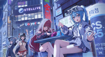 Rule 34 | + +, 4girls, absurdres, akane lize, animal ear fluff, animal ears, arahashi tabi, black hair, black hat, black jacket, black shorts, black skirt, blonde hair, blue bow, blue bowtie, blue eyes, blue hair, bow, bowtie, building, cat ears, center frills, creature, crop top, frilled skirt, frills, goggles, goggles on head, grey eyes, grey hair, grey skirt, haedungi (shirayuki hina), hair ribbon, hat, high-waist skirt, highres, jacket, jacket partially removed, kagemoe1003, korean text, long hair, long sleeves, maro (neneko mashiro), multicolored hair, multiple girls, neneko mashiro, night, on stool, open mouth, outdoors, pienna (akane lize), pleated skirt, power lines, pungdangi (arahashi tabi), red eyes, red hair, red ribbon, red skirt, ribbon, shirayuki hina, shirt, short hair, shorts, sitting, skirt, sky, stellive, stool, streaked hair, sweater vest, table, thighhighs, twintails, utility pole, very long hair, virtual youtuber, white jacket, white shirt, yellow sweater vest