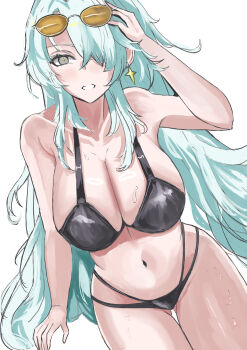 Rule 34 | + +, 1girl, absurdres, arm up, bikini, black bikini, breasts, chaos zero nightmare, cleavage, collarbone, commentary request, earrings, eyewear on head, gluteal fold, grey eyes, grey hair, hair intakes, hair over one eye, high ponytail, highres, jewelry, large breasts, navel, nine (chaos zero nightmare), ponytail, seeker of wisdom, star (symbol), star earrings, star in eye, stomach, sunglasses, swimsuit, symbol in eye, thighs