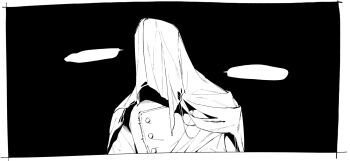 1boy black_background blank_speech_bubble border charon_(reverse:1999) coat covered_face greyscale highres male_focus monochrome reverse:1999 solo speech_bubble upper_body veil white_border yama_(yama_7182)