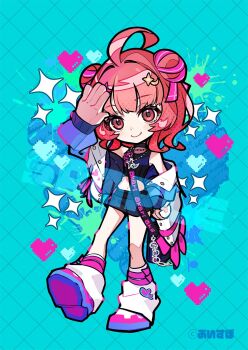 1girl ahoge black_collar black_tank_top closed_mouth collar commentary_request copyright_name deformed double_bun full_body hair_bun hair_ornament heart highres jacket leg_warmers looking_at_viewer open_clothes open_jacket pokimari red_eyes red_hair sample_watermark socks solo standing tank_top virtual_youtuber vspo! watermark white_leg_warmers yumeno_akari