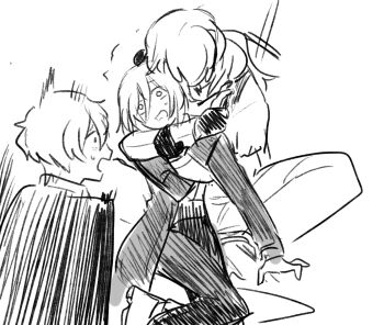 Rule 34 | 1girl, 2boys, a certain sinclair (project moon), aged up, animal, animal on head, arm around neck, bird, bird on head, chin rest, coat, don quixote (project moon), dress pants, gloves, greyscale, hand on another's arm, head on head, head rest, hetero, highres, hug, hug from behind, indian style, limbus company, long hair, long sleeves, looking at another, low ponytail, monochrome, multiple boys, nugii, on head, open clothes, open coat, open mouth, pants, ponytail, project moon, shoes, short hair, sinclair (project moon), sitting, sketch, sweatdrop, sword, sword on back, trench coat, weapon, weapon on back, white background, wide-eyed