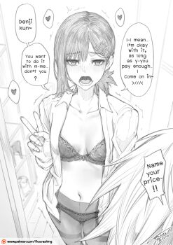 1boy 1girl absurdres blush bow bow_bra bra breasts chainsaw_man collarbone collared_shirt cowboy_shot dated denji_(chainsaw_man) fkscrashing greyscale hair_ornament hairclip hatching_(texture) heart higashiyama_kobeni highres indoors lace lace-trimmed_bra lace-trimmed_panties lace_trim linear_hatching looking_at_viewer lower_teeth_only mole mole_under_eye mole_under_mouth monochrome multiple_moles navel no_pants open_clothes open_mouth open_shirt panties panties_under_pantyhose pantyhose patreon_logo patreon_username prostitution raised_inner_eyebrows shirt signature single_sidelock small_breasts solo_focus speech_bubble spoken_heart standing teeth tongue trembling underwear v watermark web_address