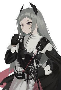 1girl arched_bangs arknights black_dress black_gloves closed_mouth commentary dress earrings gloves grey_eyes grey_hair hand_up highres hinami047 irene_(arknights) jewelry long_hair long_sleeves looking_ahead pink_pupils scar scar_across_eye scar_on_face simple_background solo white_background white_dress