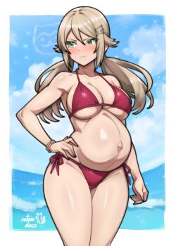 1girl absurdres averting_eyes bikini blonde_hair blush bracelet breasts commentary commission cowboy_shot english_commentary green_eyes hair_ornament halterneck hand_on_own_hip highres jewelry long_hair medium_breasts navel original pout pregnant red_bikini rotomdocs side-tie_bikini_bottom solo string_bikini swimsuit twintails x_hair_ornament