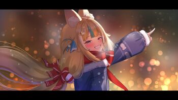 Rule 34 | 1girl, animal ears, blonde hair, blue eyes, blue jacket, blue streaks, blush, cat ears, closed mouth, commentary, english commentary, highres, indie virtual youtuber, jacket, letterboxed, long hair, looking at viewer, low twintails, multicolored hair, outdoors, red scarf, sameko saba, scarf, sharkudon, smile, solo, streaked hair, twintails, very long hair, virtual youtuber, white streaks, winter clothes