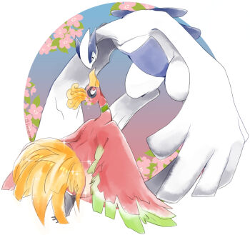 animal_focus commentary_request flower full_body gen_2_pokemon hair_flower hair_ornament ho-oh ingoguma legendary_pokemon lugia nintendo no_humans noses_touching pink_flower pokemon pokemon_(creature) red_eyes twitter_username white_background