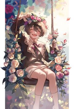 1boy absurdres aged_down arm_up black_hair black_shirt blush closed_eyes ensemble_stars! flower full_body hair_between_eyes hand_up haruiro_(hrm_ino) highres holding janus_(ensemble_stars!) leaf long_sleeves male_focus on_swing open_mouth outdoors painterly petals pillarboxed puritan_collar purple_ribbon ribbon sakuma_ritsu shirt shirt_ribbon short_hair shorts sitting sleeve_ribbon smile socks solo swing teeth upper_teeth_only white_shorts white_socks