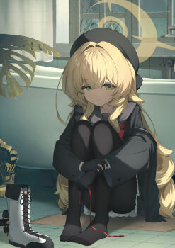 1girl absurdres black_coat black_dress black_gloves black_hat black_pantyhose blonde_hair blue_archive boots ciza_gomi closed_mouth coat commentary dress english_commentary gloves green_eyes halo hat highres knees_up layered_sleeves long_hair long_sleeves looking_at_viewer pantyhose professor_niyaniya_(blue_archive) red_ribbon ribbon sitting solo toes unworn_boots wavy_hair white_boots yellow_halo