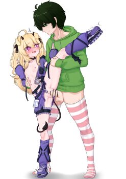 1boy 1girl absurdres bar_censor black_collar blonde_hair blush bottomless breasts censored cerber_(vtuber) collar cum demon_horns dress green_eyes green_hoodie highres hood hoodie horns indie_virtual_youtuber leg_up loli looking_at_another monotoxy nipples penis purple_dress purple_eyes pussy ritspi shota simple_background small_breasts standing standing_on_one_leg star-shaped_pupils star_(symbol) striped_clothes striped_thighhighs symbol-shaped_pupils tail tears thighhighs tiptoes two_side_up vedal987 vedal_ai virtual_youtuber white_background