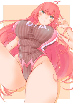 Rule 34 | 1girl, artist request, bare shoulders, black one-piece swimsuit, blush, breasts, colored inner hair, eyeliner, green eyes, highleg, highleg one-piece swimsuit, highres, large breasts, long hair, looking at viewer, mahjong fight girl, makeup, mitsumoto dia, mole, mole under eye, multicolored hair, one-piece swimsuit, orange background, pink hair, purple hair, solo, swimsuit, thighs, two-tone background, two-tone hair, white background