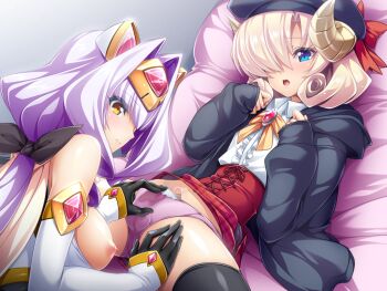 Rule 34 | 1boy, 1girl, age difference, azarin (kouyoku senki exs-tia), black gloves, blonde hair, blue eyes, blush, breasts, clothes lift, detached sleeves, elbow gloves, exs-tia magica, game cg, gloves, hair intakes, hair over one eye, hat, hetero, horns, inoino, kouyoku senki exs-tia, large breasts, large variant set, long hair, looking at viewer, lying, nipples, non-web source, official art, on back, onee-shota, open mouth, panties, penis, penis in panties, picologil, pink panties, purple hair, purple panties, ribbon, sheep horns, short hair, skirt, skirt lift, spread legs, thighhighs, trap, trap on female, underwear, variant set, yellow eyes