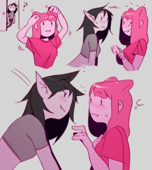 2girls ? absurdres adventure_time black_hair blush closed_mouth colored_skin fangs fangs_out grey_skin highres marceline_abadeer multiple_girls parted_lips pink_hair pink_skin pointy_ears princess_bonnibel_bubblegum steamylite sweatdrop yuri