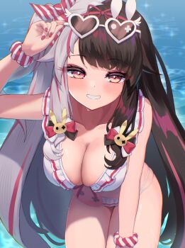 1girl absurdres adjusting_eyewear ami_no_fuda bikini black_hair blush breasts cleavage commentary frilled_bikini frills grin heart heart-shaped_eyewear highres large_breasts long_hair looking_at_viewer multicolored_hair nijisanji orange_eyes pink_hair scrunchie skindentation smile solo split-color_hair streaked_hair sunglasses swimsuit very_long_hair virtual_youtuber water wet white_bikini white_hair wrist_scrunchie yorumi_rena yorumi_rena_(7th_costume)