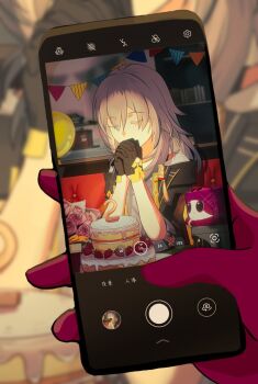 2girls balloon birthday birthday_cake black_gloves black_jacket blurry blurry_background bouquet cake candle cat cellphone chinese_commentary closed_eyes commentary_request couch covered_mouth cake_cat_(honkai:_star_rail) eyewear_on_head flower food fruit gloves grey_hair hair_between_eyes hands_up holding holding_phone honkai:_star_rail honkai_(series) icing indoors jacket kafka_(honkai:_star_rail) kafka_(shader_cat)_(honkai:_star_rail) lapels long_hair long_sleeves multiple_girls number_candle on_couch open_clothes open_jacket own_hands_together phone pink_flower pink_rose purple_cat purple_gloves rose round_eyewear shadow shirt smartphone stelle_(honkai:_star_rail) strawberry string_of_flags sunglasses t-shirt taking_picture tassel trailblazer_(honkai:_star_rail) white_shirt xiang_cheng_(mona_0225_)