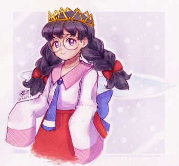 1girl artist_name bow braid crown dated fairy fairy_wings glasses hair_bow kirby_(series) kirby_64 long_hair low_twin_braids nintendo purple_eyes ripple_star_queen signature sleeves_past_fingers sleeves_past_wrists smile star_(symbol) star_symbol_background twin_braids wings yesbutterfly