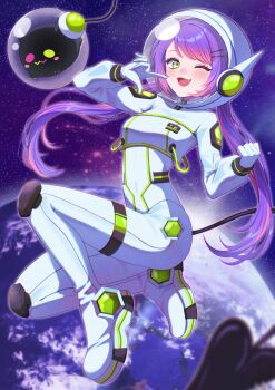 1girl bibi_(tokoyami_towa) commentary demon_tail earth_(planet) fang gloves green_eyes hair_through_headwear highres hololive long_hair nametakeko one_eye_closed planet pointing pointing_at_self purple_hair space spacesuit symbol-only_commentary tail tokoyami_towa twintails virtual_youtuber white_gloves