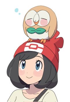 1girl beanie black_hair blush_stickers closed_mouth collarbone eyelashes gen_7_pokemon hat highres looking_up medium_hair nakikot_t nintendo on_head pokemon pokemon_(creature) pokemon_on_head pokemon_sm red_hat rowlet selene_(pokemon) shirt smile squeans strap white_background