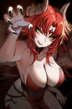 1girl bare_shoulders black_leotard breasts cleavage cowboy_shot dragon_girl dragon_horns dragon_wings forehead_jewel highres horns indie_virtual_youtuber leotard long_hair nail_polish red_hair red_leotard solo tofuubear virtual_youtuber wings yellow_eyes zentreya zentreya_(dragon) zentreya_(dragon)_(dungeon_master)