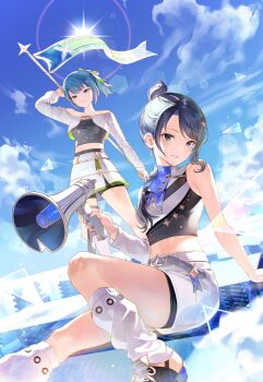 Rule 34 | 2girls, 8 utauyo, absurdres, arm support, arm warmers, bare shoulders, belt, black hair, black shirt, black shoes, black shorts, black tube top, blue eyes, blue hair, blue nails, blue sky, blunt bangs, blurry, bokeh, bow, braid, braided ponytail, breasts, cloud, cloudy sky, commentary, day, depth of field, flag, green bow, grey belt, hair bow, hair ornament, hair over shoulder, hand up, highres, holding, holding flag, holding megaphone, hoshino ichika (project sekai), kiritani haruka, knee up, leg warmers, lens flare, long hair, long sleeves, looking at viewer, making-of available, medium breasts, megaphone, midriff, multiple girls, nail polish, official alternate costume, official alternate hairstyle, outdoors, parted lips, ponytail, project sekai, shirt, shoes, shorts, shorts under skirt, shrug (clothing), sidelocks, single arm warmer, sitting, skirt, sky, sleeveless, sleeveless shirt, small breasts, smile, standing, star (symbol), star hair ornament, star print, strapless, sunburst, sunlight, swept bangs, thigh strap, tsurime, tube top, two-tone bow, two-tone shirt, white bow, white leg warmers, white shirt, white shrug, white skirt, yakusoku no passerelle (project sekai)