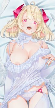 clothes_lift dakimakura_(medium) dress elf highres horns kawarage nipple_slip nipples no_bra nude original panties pointy_ears skirt skirt_lift stomach thighhighs underwear wings