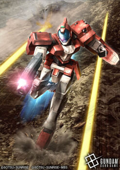 blue_visor copyright_logo copyright_name copyright_notice energy_gun genoace gun gundam gundam_age gundam_card_game holding holding_gun holding_weapon humanoid_robot logo mecha mobile_suit no_humans official_art robot science_fiction solo standing standing_on_one_leg tsubasansan weapon