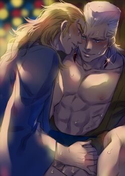 2boys anail bad_id bad_pixiv_id blonde_hair blue_eyes blush flattop grey_hair hol_horse implied_sex japanese_clothes jean_pierre_polnareff jojo_no_kimyou_na_bouken kimono male_focus manle multiple_boys sweat yaoi