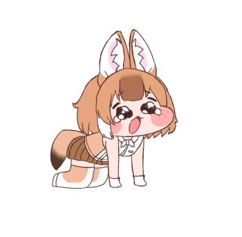 Rule 34 | 1girl, animal ears, brown hair, commentary request, dhole (kemono friends), extra ears, full body, gloves, highres, kemono friends, looking at viewer, mayo3432, meme, parody, shirt, shoes, short hair, simple background, skirt, sleeveless, sleeveless shirt, solo, speakiposting (meme), tail, thighhighs, trickcal, wolf ears, wolf girl, wolf tail