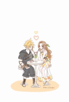 1boy 1girl absurdres aerith_gainsborough aerith_gainsborough_(citric_dress) ancotsubu armor bare_shoulders black_sailor_collar black_shirt black_shorts blonde_hair blush boots bracelet breasts brown_footwear brown_gloves brown_hair chair closed_eyes cloud_strife cloud_strife_(maritime_sailor) costa_del_sol couple dress drinking_straw final_fantasy final_fantasy_vii final_fantasy_vii_ever_crisis fingerless_gloves food_print fruit_print full_body gloves green_ribbon hair_between_eyes hair_ribbon half_updo hetero highres jewelry long_dress long_hair medium_breasts official_alternate_costume orange-shaped_ornament orange_print parted_bangs print_dress ribbon sailor_collar see-through_clothes see-through_skirt shared_drink shirt short_hair short_sleeves shorts shoulder_armor side_slit sitting skirt spiked_hair strapless strapless_dress table toeless_footwear twitter_username white_background