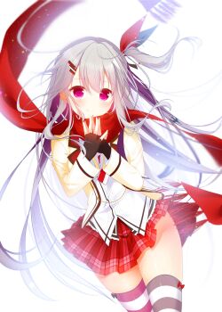 Rule 34 | 1girl, absurdres, black bow, black gloves, black ribbon, bloom, blush, bow, bow legwear, closed mouth, clothes lift, commentary request, cowboy shot, fingerless gloves, floating hair, floating scarf, fuwa mochiri, gloves, grey hair, hair between eyes, hair ornament, hair ribbon, hairclip, hanasaki work spring, happy, highres, jacket, long hair, long sleeves, looking at viewer, miniskirt, one side up, open clothes, open jacket, own hands together, parallel hairclips, plaid clothes, plaid skirt, pleated skirt, red bow, red eyes, red ribbon, red scarf, red skirt, ribbon, scarf, school uniform, shiranui inori, shirt, sidelocks, simple background, skirt, skirt lift, smile, solo, split mouth, steepled fingers, striped clothes, striped thighhighs, thighhighs, thighs, upskirt, very long hair, white background, white shirt, yellow jacket, zettai ryouiki