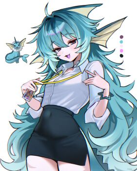 1girl absurdres animal_ears aqua_hair artist_name black_eyes black_skirt collared_shirt covered_navel cowboy_shot dot_nose fins gen_1_pokemon hair_between_eyes half-closed_eyes haze_(7h4ze) head_fins highres id_card lanyard long_hair looking_at_viewer nintendo office_lady open_mouth original pencil_skirt personification pokemon pokemon_(creature) reference_inset shirt simple_background skirt vaporeon white_background white_shirt