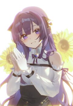 Rule 34 | 1girl, abroccoli, absurdres, bow, bowtie, collared shirt, detached sleeves, flower, grin, highres, indie virtual youtuber, long hair, looking at viewer, otsuka ray, purple bow, purple bowtie, purple eyes, purple hair, shirt, sleeveless, sleeveless shirt, smile, solo, sunflower, virtual youtuber, white shirt, white sleeves