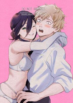 1boy 1girl adversarial_noise black_necktie blonde_hair blush bra breasts chainsaw_man denji_(chainsaw_man) elbow_gloves gloves green_eyes hair_between_eyes hetero hug necktie one_eye_closed panties pink_background purple_hair reze_(chainsaw_man) sharp_teeth shirt small_breasts teeth underwear white_bra white_gloves white_panties white_shirt yellow_eyes yuki_(yuki3243)