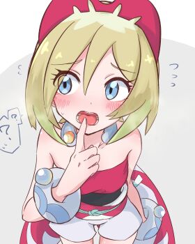 1girl ? absurdres averting_eyes bare_shoulders blonde_hair blue_eyes blush bracelet breath cavity embarrassed finger_to_mouth flying_sweatdrops from_above hair_between_eyes hairband highres irida_(pokemon) jewelry looking_to_the_side mouth_focus neck_ring nintendo obijime open_mouth parallel_fleet pointing pointing_at_self pokemon pokemon_legends:_arceus raised_inner_eyebrows realistic_teeth red_hairband shirt shoes short_hair small_sweatdrop solo spoken_question_mark spoken_sweatdrop strapless strapless_shirt sweatdrop teeth tongue waist_cape white_shirt white_shoes