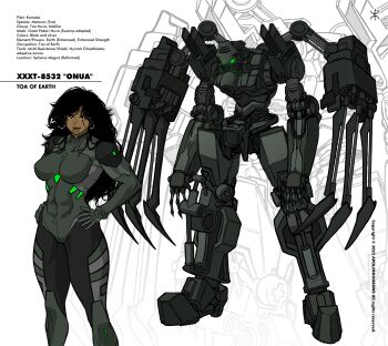 1girl absurdres apoloniodraws bionicle black_bodysuit black_eyes black_hair black_lips bodysuit breasts character_name commentary commission earrings english_commentary face_piercing glowing glowing_eyes green_eyes hands_on_own_hips highres jewelry large_breasts long_hair looking_down mecha mechanization nose_piercing onua_(bionicle) piercing robot smile the_lego_group