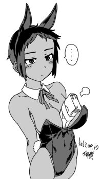 ... 1girl animal_ears black_eyes black_hair black_leotard blush breasts collarbone commentary_request covered_navel cowboy_shot dark-skinned_female dark_skin dated detached_collar fake_animal_ears forehead large_breasts leotard long_sidelocks looking_at_viewer money monochrome original playboy_bunny rabbit_ears short_hair sidelocks signature simple_background solo spoken_ellipsis thighs tsukudani_(coke-buta) tucked_money white_background