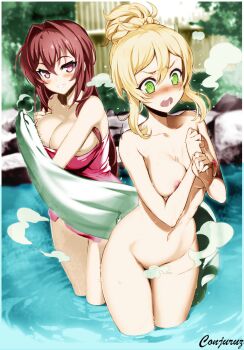 2girls bare_shoulders blonde_hair blush braid breasts celis_reinhartd collarbone colorized completely_nude dot_nose embarrassed female_focus green_eyes hair_bun highres huge_breasts large_breasts legs long_hair midriff multiple_girls naruse_mio navel nipples novel_illustration nude official_art onsen ookuma_nekosuke open_mouth outdoors red_eyes red_hair sexually_suggestive shinmai_maou_no_testament single_hair_bun smirk smug stomach teeth thick_thighs thighs towel towel_around_waist