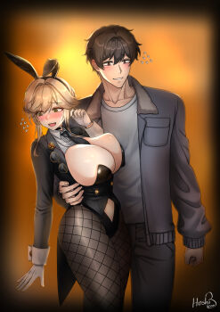 1boy 1girl @_@ ade_(agent_bunny)_(nikke) ade_(nikke) animal_ear_hairband animal_ears between_breasts black_choker black_jacket black_leotard black_necktie black_pants black_pantyhose blonde_hair blurry blurry_background blush braid breasts brown_eyes brown_hair bun_with_braided_base choker cleavage clothing_cutout clover_hair_ornament coattails collarbone commander_(nikke) commentary cowboy_shot detached_collar earpiece embarrassed eyewear_hang fake_animal_ears fishnet_pantyhose fishnets flying_sweatdrops four-leaf_clover_hair_ornament glasses gloves goddess_of_victory:_nikke green_eyes grey_jacket grey_shirt hair_between_eyes hair_ornament hairband hand_on_another&#039;s_waist hand_up hetero highleg highleg_leotard highres hoshiberuu jacket large_breasts leotard long_sleeves male_focus navel navel_cutout necktie necktie_between_breasts official_alternate_costume open_clothes open_jacket open_mouth pants pantyhose playboy_bunny rabbit_ear_hairband rabbit_ears shirt short_hair sidelocks signature standing strapless strapless_leotard sweat undersized_breast_cup unworn_eyewear variant_set white_wrist_cuffs wrist_cuffs