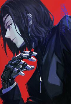 1boy arm_up black_hair black_jacket closed_mouth commentary_request cross cross_necklace eyepatch fate/strange_fake fate_(series) from_side hair_behind_ear hansa_cervantes jacket jewelry layered_sleeves long_sleeves male_focus mole mole_under_eye necklace profile prosthesis prosthetic_arm red_background sei_8220 smile solo upper_body watermark