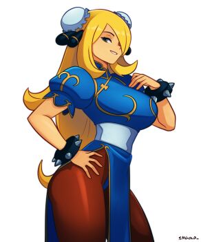 1girl absurdres blonde_hair blue_dress bracelet breasts brown_leggings brown_pantyhose bun_cover capcom china_dress chinese_clothes chun-li chun-li_(cosplay) cosplay cowboy_shot cynthia_(pokemon) dress grey_eyes grin hair_ornament hair_over_one_eye hand_on_own_hip highres jewelry large_breasts leggings long_hair nintendo pantyhose pelvic_curtain pokemon pokemon_dppt puffy_short_sleeves puffy_sleeves short_sleeves simple_background smgold smile solo spiked_bracelet spikes street_fighter very_long_hair white_background