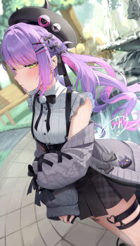 1girl barbell_piercing beret black_bow black_bowtie black_hat black_skirt blunt_bangs blurry blurry_background blush bow bowtie cable_knit cardigan cardigan_partially_removed collared_shirt colored_inner_hair commentary cross-laced_clothes cross-laced_sleeves day demon_girl demon_tail drill_hair ear_piercing fake_horns fountain frilled_shirt frilled_sleeves frills glance gradient_hair green_eyes grey_cardigan hair_ornament hairclip hand_on_own_arm hat heart heart_o-ring high-waist_skirt highres hololive horned_headwear horns industrial_piercing leg_tattoo long_hair looking_at_viewer miniskirt multicolored_hair o-ring o-ring_thigh_strap official_alternate_costume outdoors parallel_hairclips park piercing pink_hair pleated_skirt pointy_ears pom_pom_(clothes) purple_hair shirt shirt_tucked_in short_sleeves skirt sleeves_past_wrists solo standing suspender_skirt suspenders swept_bangs symbol-only_commentary tail tattoo thigh_strap tokoyami_towa tokoyami_towa_(jirai_kei) twin_drills usushio virtual_youtuber white_shirt x_hair_ornament