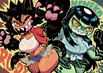 2girls animal_ears artist_name blunt_bangs borrowed_character breasts clenched_hand colored_skin cowboy_shot digsaw green_skin grin highres kappa large_breasts leaf_skirt long_hair midriff monster_girl multiple_girls navel neneko_(rariatto) one_eye_closed open_mouth original rudy_(rariatto) sharp_teeth shirt sidelocks simple_background smile tail teeth tied_shirt upper_teeth_only werewolf wolf_ears wolf_girl wolf_paws wolf_tail yellow_eyes