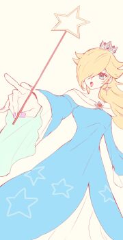 1girl :o bare_shoulders blonde_hair blue_dress blue_eyes breasts crown dress earrings hair_over_one_eye highres holding holding_wand jewelry long_hair long_sleeves mario_(series) nintendo open_mouth pink_nails purano7 rosalina simple_background solo star_(symbol) star_earrings star_wand super_mario_galaxy wand white_background