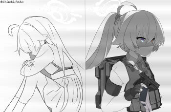 Rule 34 | 1girl, blue archive, chisaka raku, greyscale, halo, harness, hoshino (blue archive), monochrome, ponytail, shirt, solo, white shirt